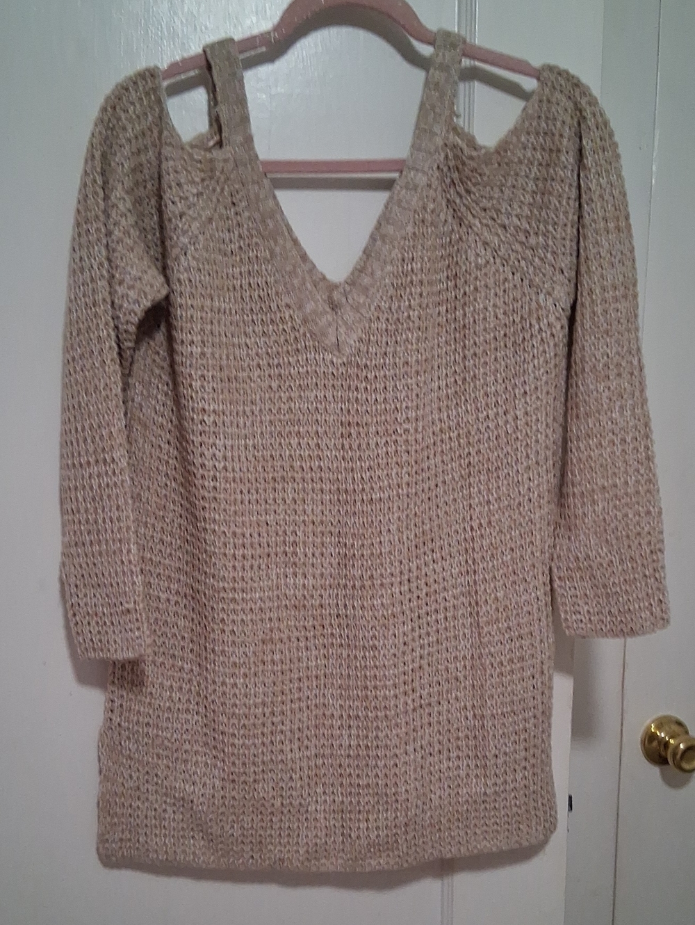 Neutral V-Neck Knit Sweater with Shoulder Strap Detail